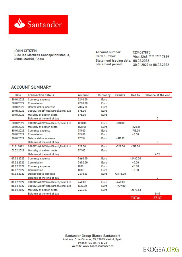 Modèle de relevé bancaire Espagne Santander au format Word et PDF, version 2